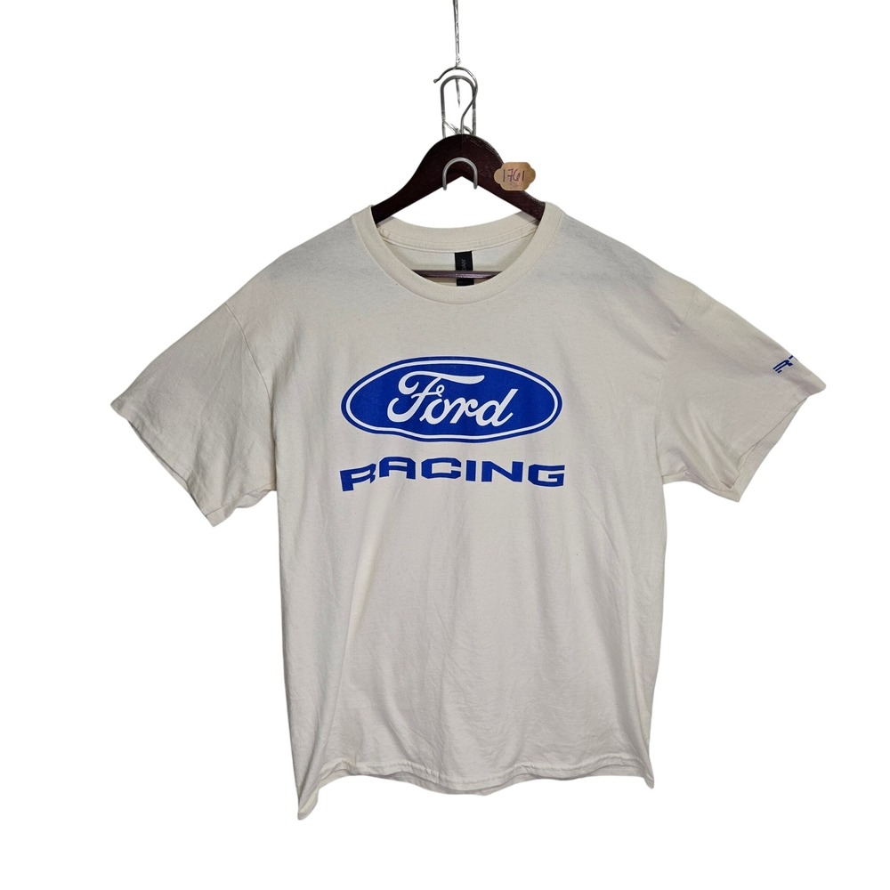 Ford Racing Graphic T-Shirt Mens Large Cream Blue Heavy Cotton 125 Years Logo